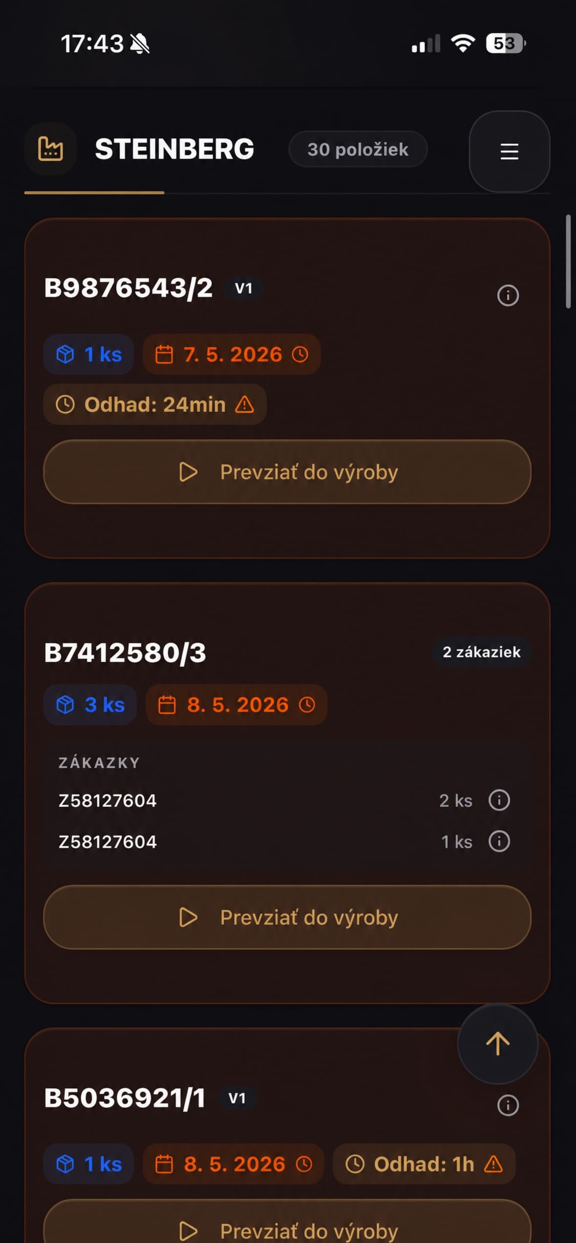 Chronify mobil – prevzatie zákazky do výroby (STEINBERG)